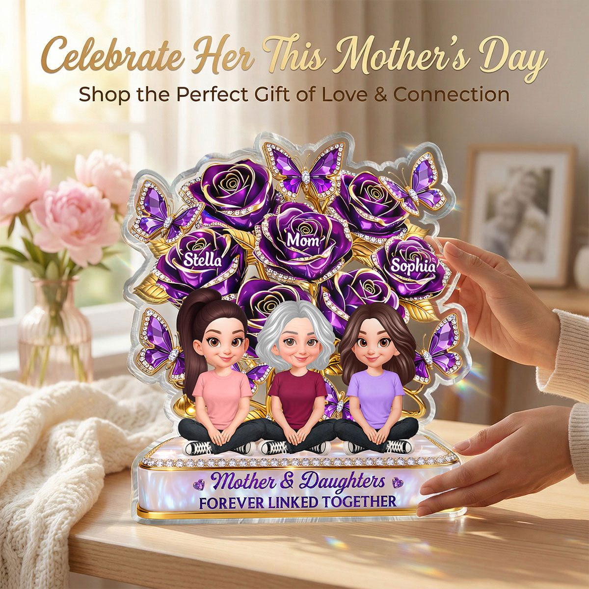 Beautiful Roses Mom And Son Daughter Forever Linked Together - Personalized Acrylic Block Plaque - Gift For Mom