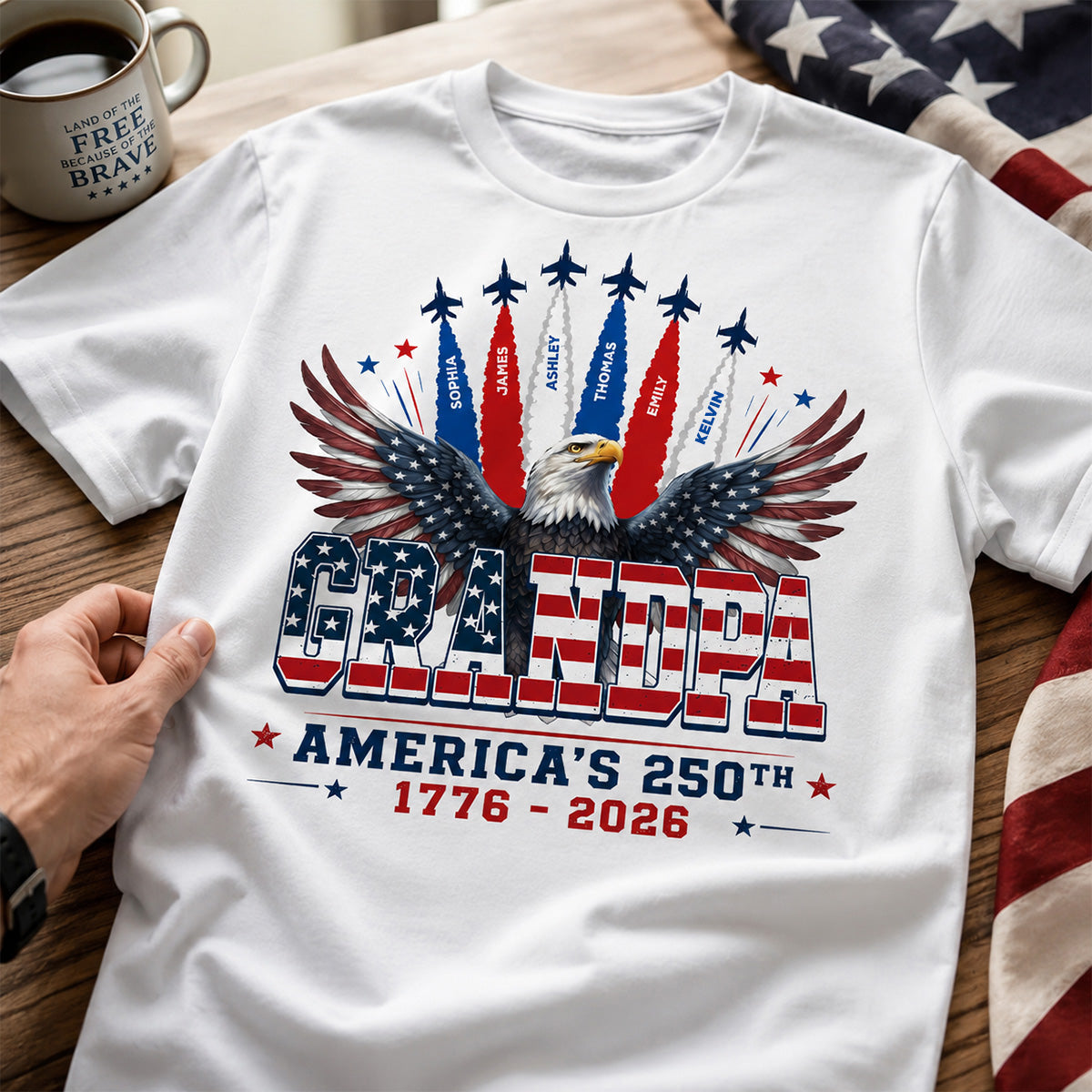 Proud Grandpa Dad Bald Eagle Jets Smoke Custom Kid Name - Personalized Shirt - American 250th Anniversary Keepsake For Husband, Dad, Grandpa