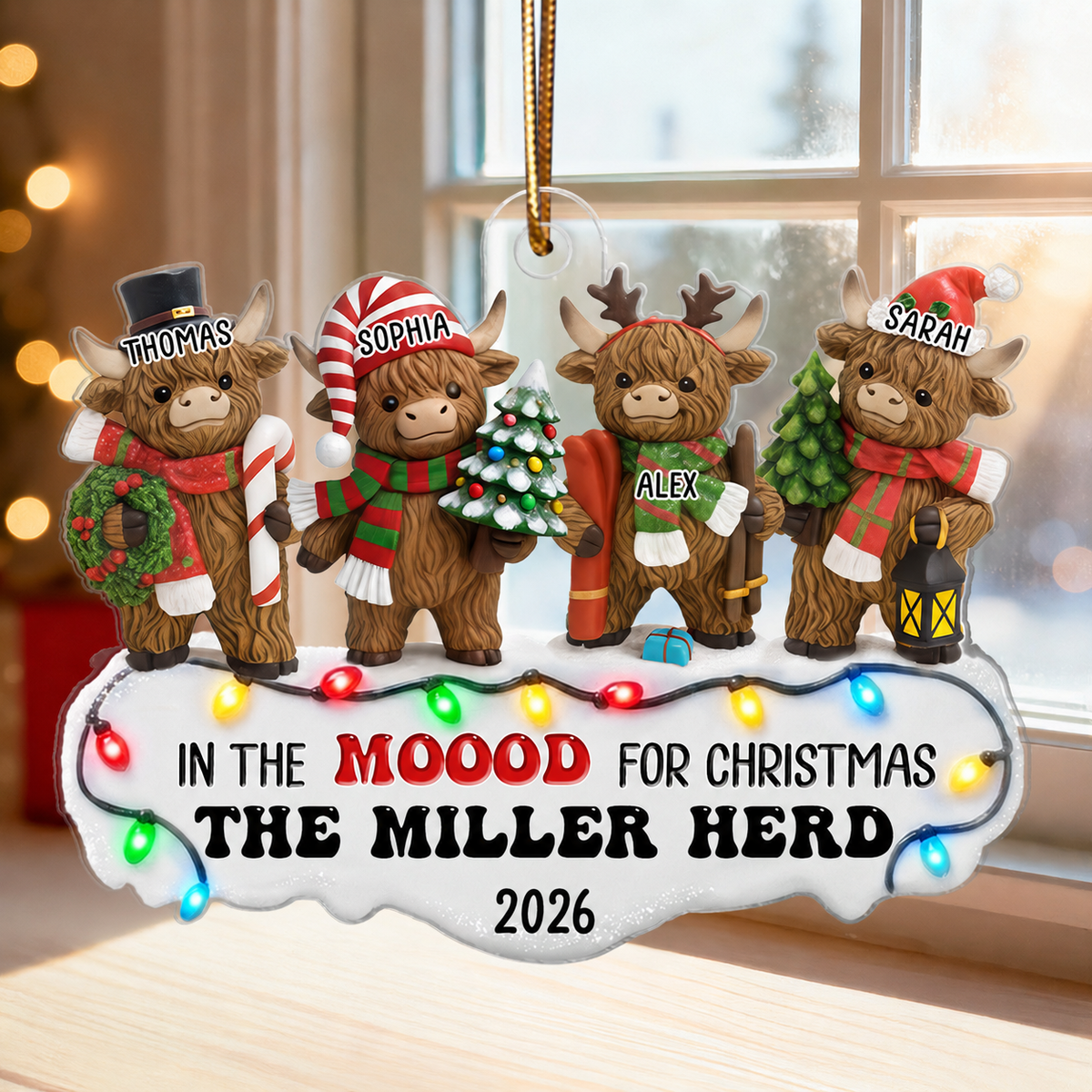 3D Effect Highland Cows Standing Family Herd In The Moood For Christmas - Personalized Acrylic Ornament