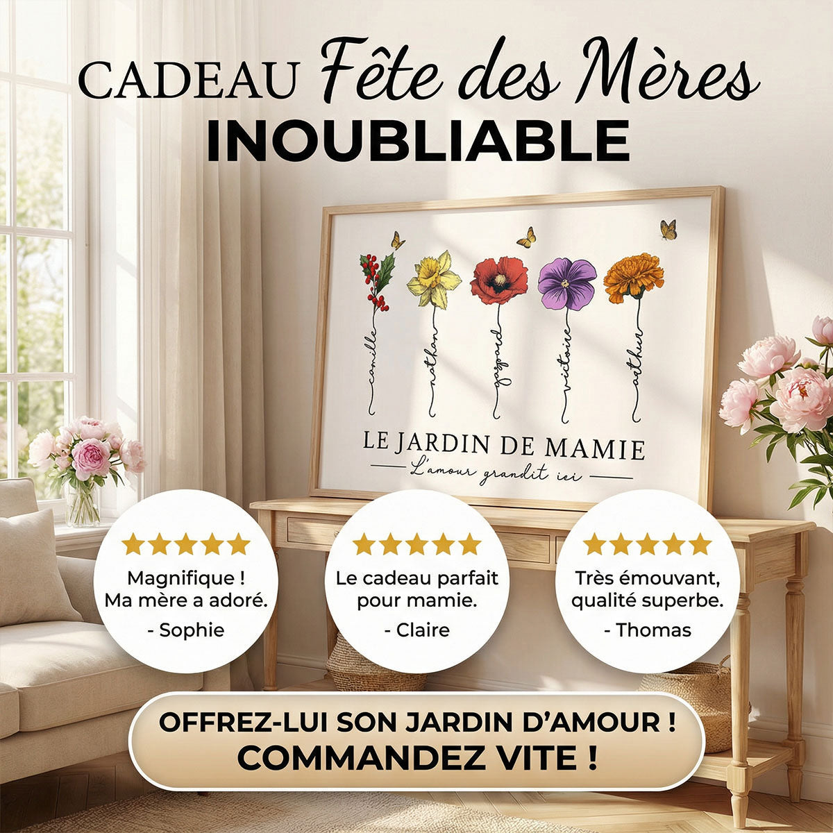 Le Jardin de Mamie Fleurs de Naissance - Affiche Personnalisée - Cadeau de Fête des Mères