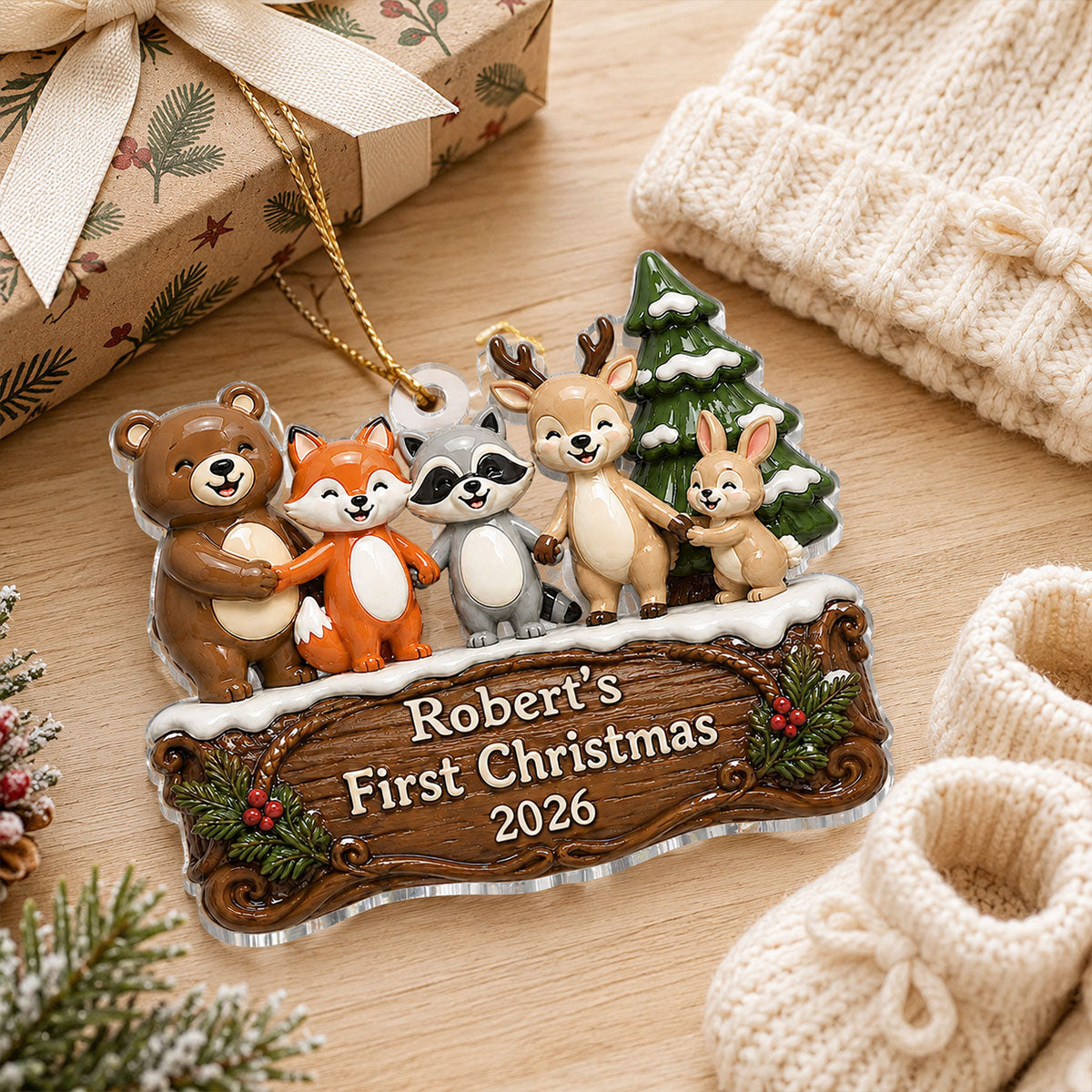 Happy Forever Woodland Animal Baby First Christmas - Personalized Acrylic Ornament - Gift for Newborn, New Parents Keepsake