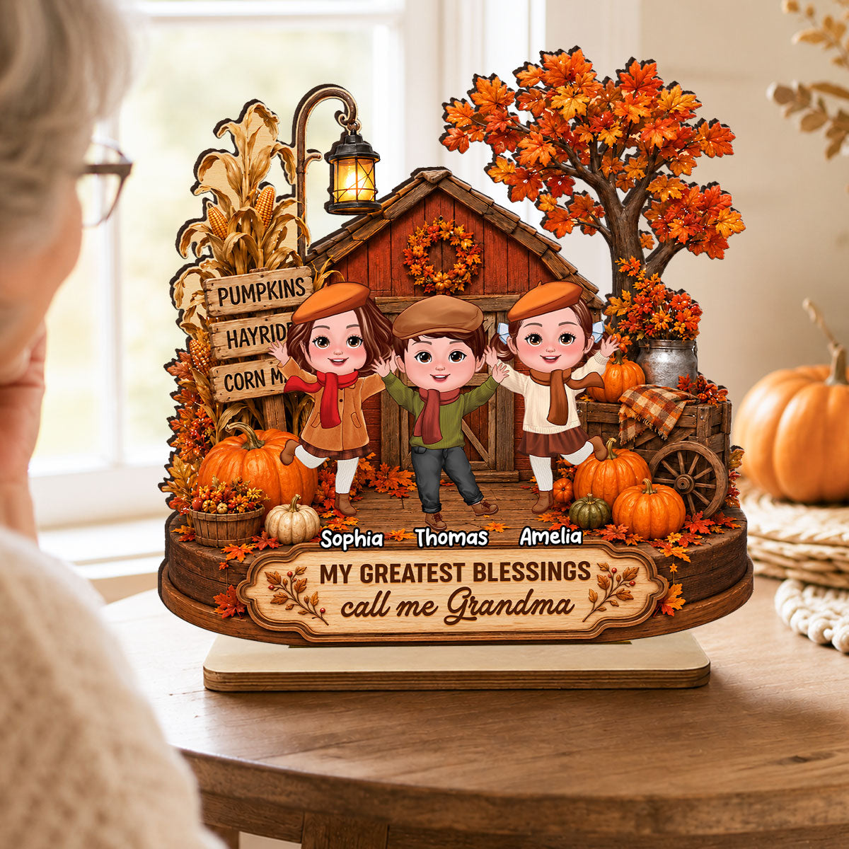 Grandma Grandkids Greatest Blessings - Personalized 2-Layered Wooden Plaque - Fall Season Decor Gift, Gift For Grandma