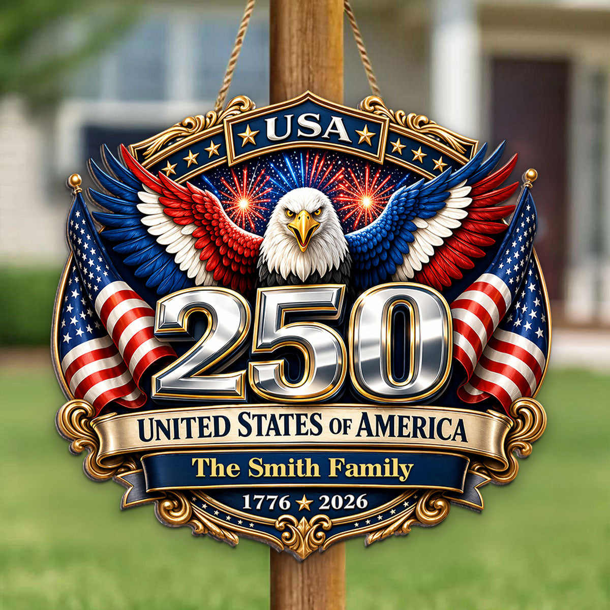 250th Anniversary America Patriotic Eagle - Personalized Wooden Sign - 250 Years of Freedom, Family Decoration