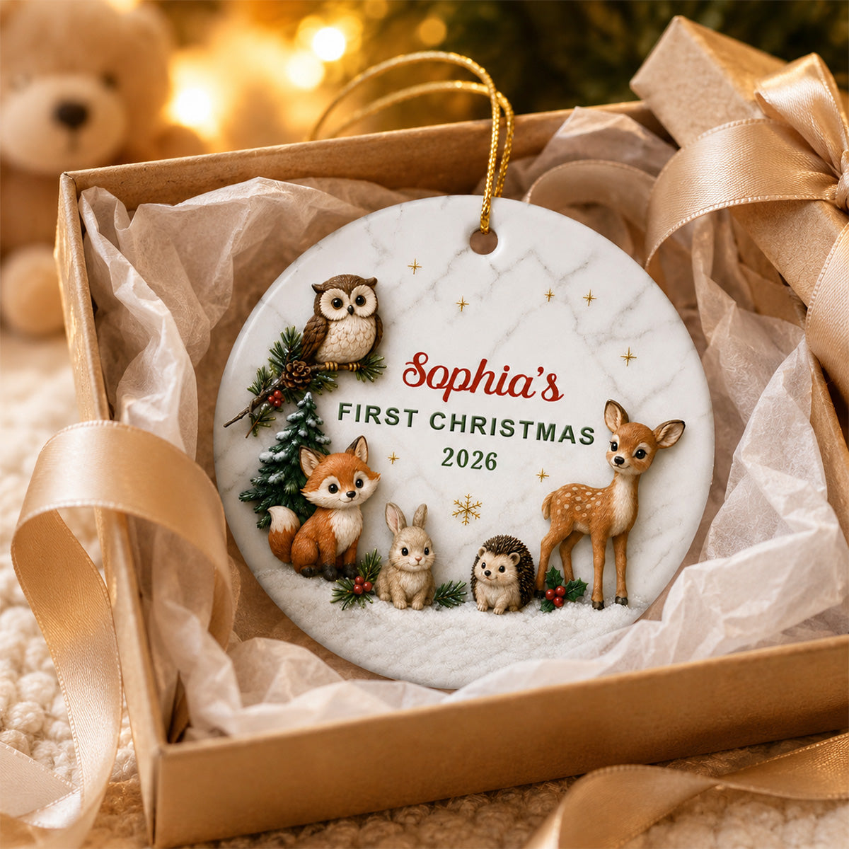 Baby First Christmas Woodland Animals 2D Flat - Personalized Ceramic Ornament - Christmas Keepsake