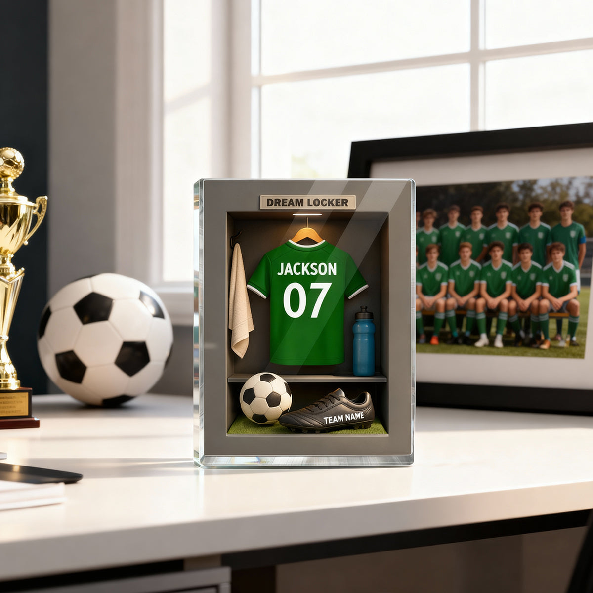 Soccer Jersey Dream Locker - Personalized Acrylic Block Plaque - Christmas Gift for Sons, Grandsons, Boyfriends