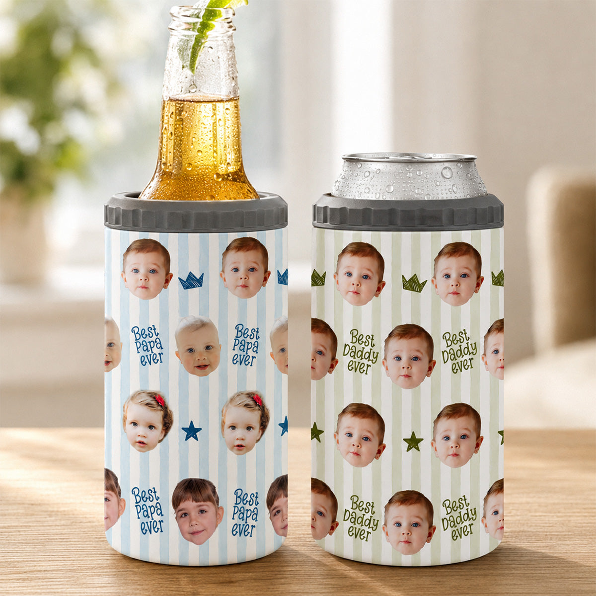 Custom Photo Stripe Theme - Personalized 4-In-1 Can Cooler - Father's Day Gift For Dad, Grandpa