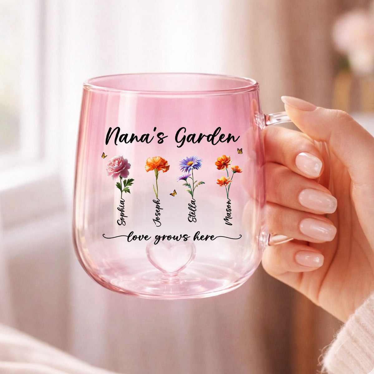 Grandma's Garden Love Grows Here - Personalized Glass Mug - Custom Birth Flowers, Mother's Day Gift for Mom, Grandma, Wife