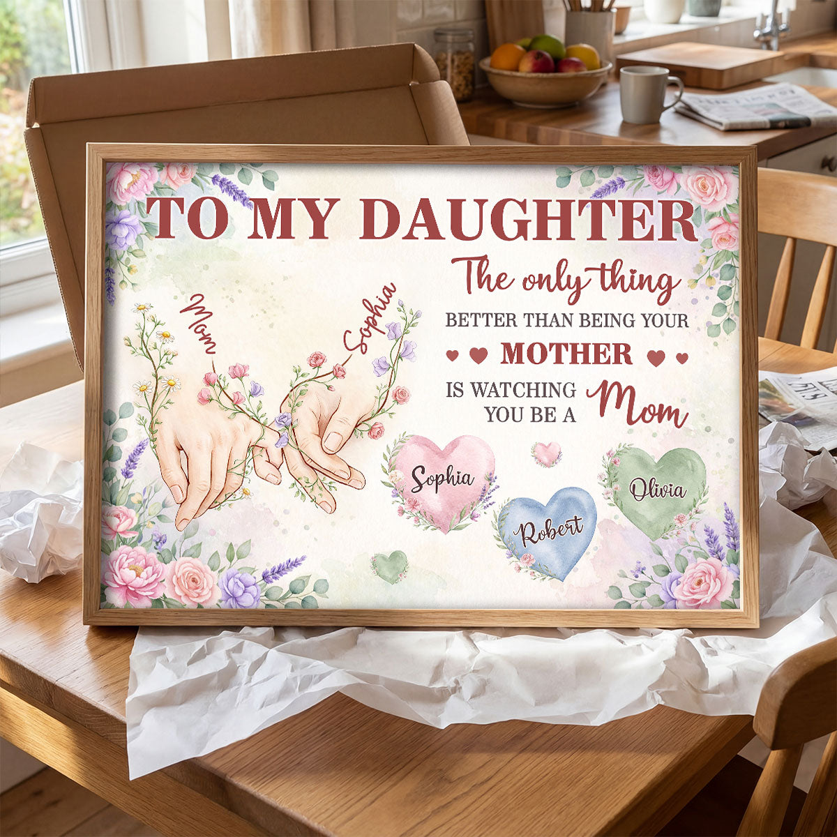Floral To My Daughter Mom And Daughter Holding Hands Custom Kids Names - Personalized Poster - Mother's Day Gift For Daughter
