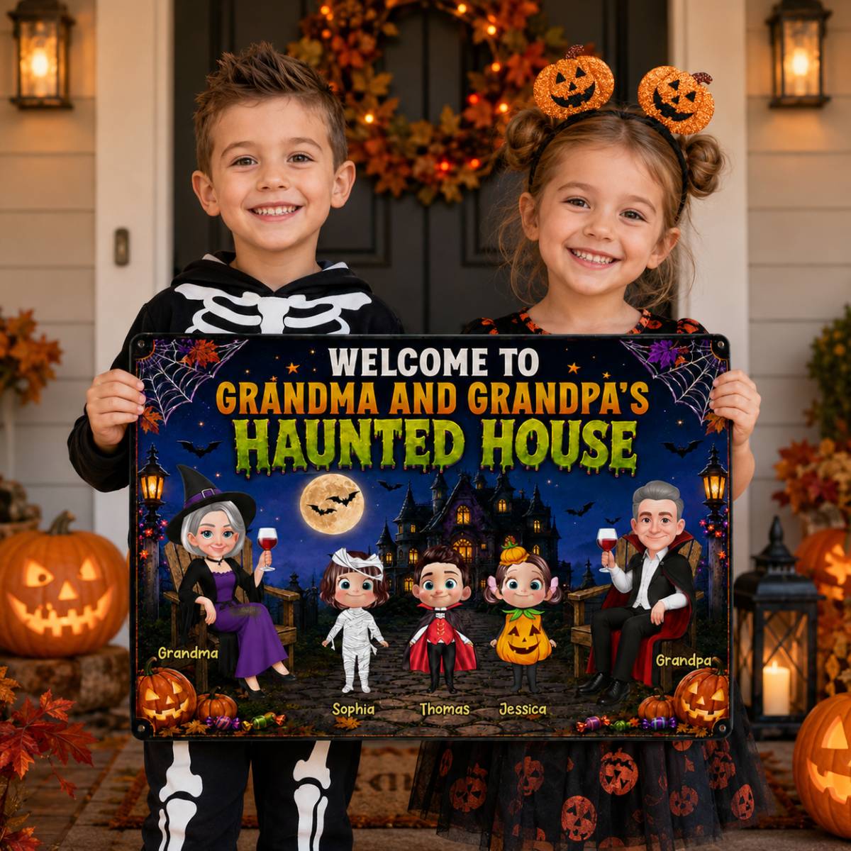 Whimsical Grandma & Grandpa's Haunted House With Grandkids - Personalized Metal Sign - Halloween Decoration For Grandparents