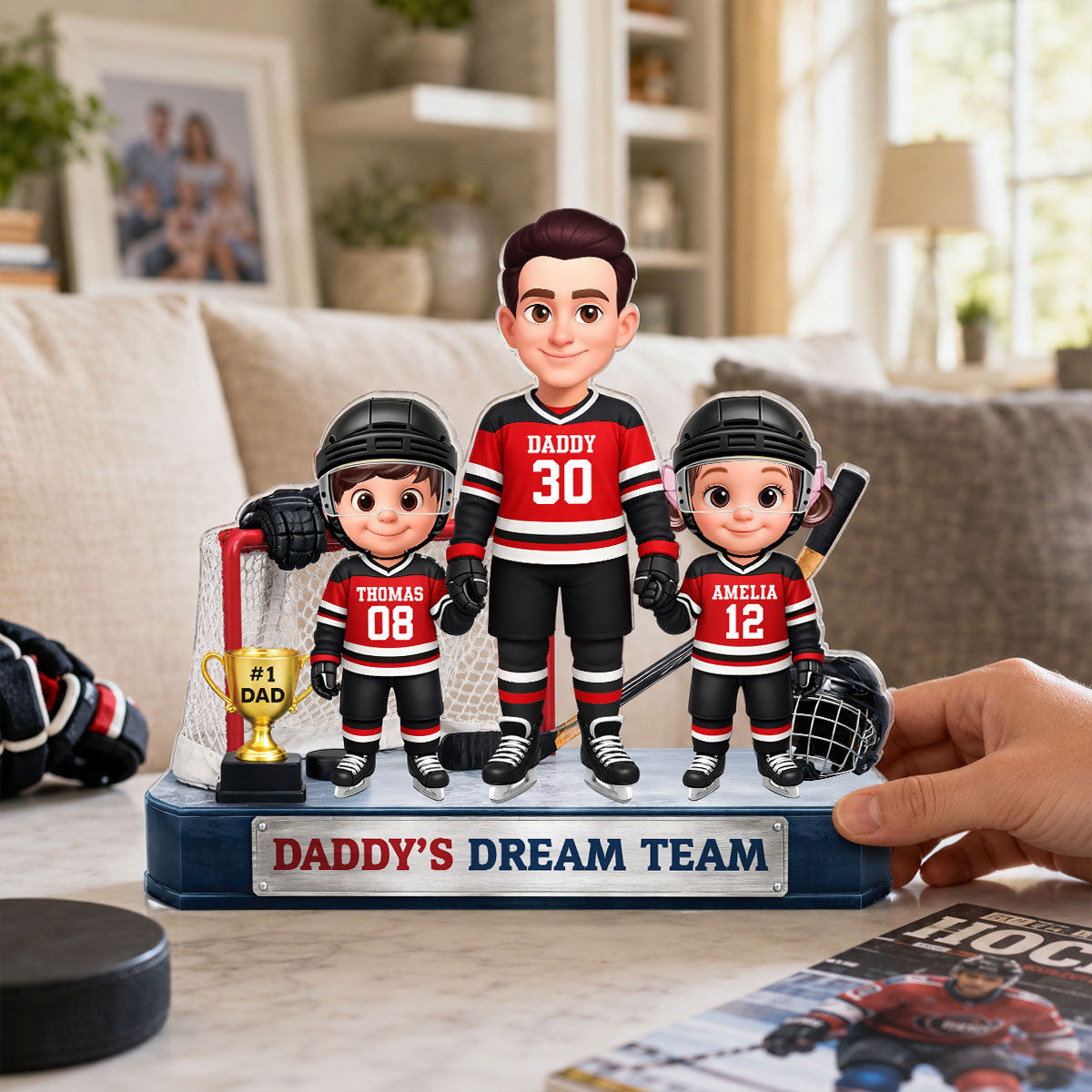 Daddy's Dream Team Hockey Dad & Kids - Personalized Acrylic Block Plaque -  Gift For Dad, Husband