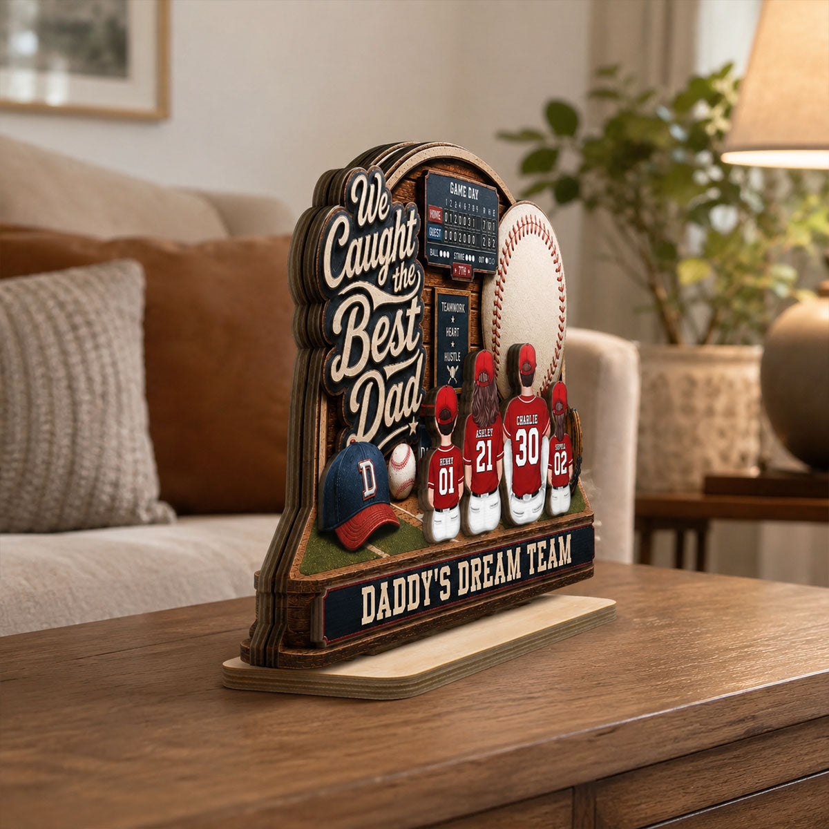Baseball Things Dad & Kids Back View Sitting 2D Flat - Personalized 2-Layered Wooden Plaque - Happy  For Baseball Dad