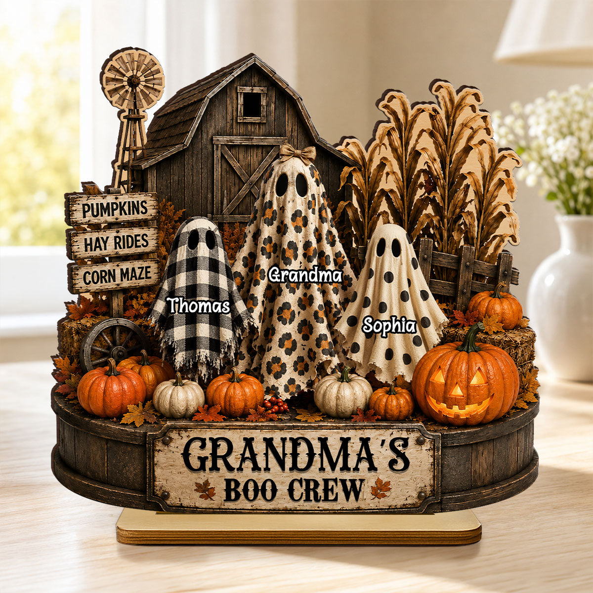 Grandma's Boo Crew Pumpkin Patch - Personalized 2-Layered Wooden Plaque - Halloween Fall Decor for Grandma