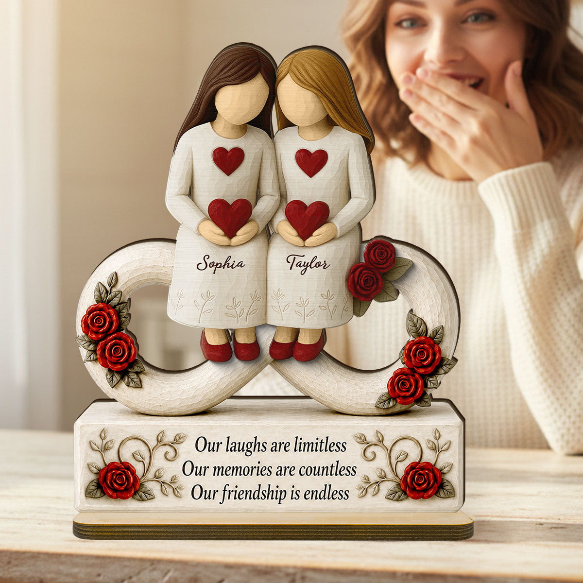 Roses Besties Infinity Our Friendship Is Endless - Personalized 2-Layered Wooden Plaque - Birthday Gift, Gift For Best Friends