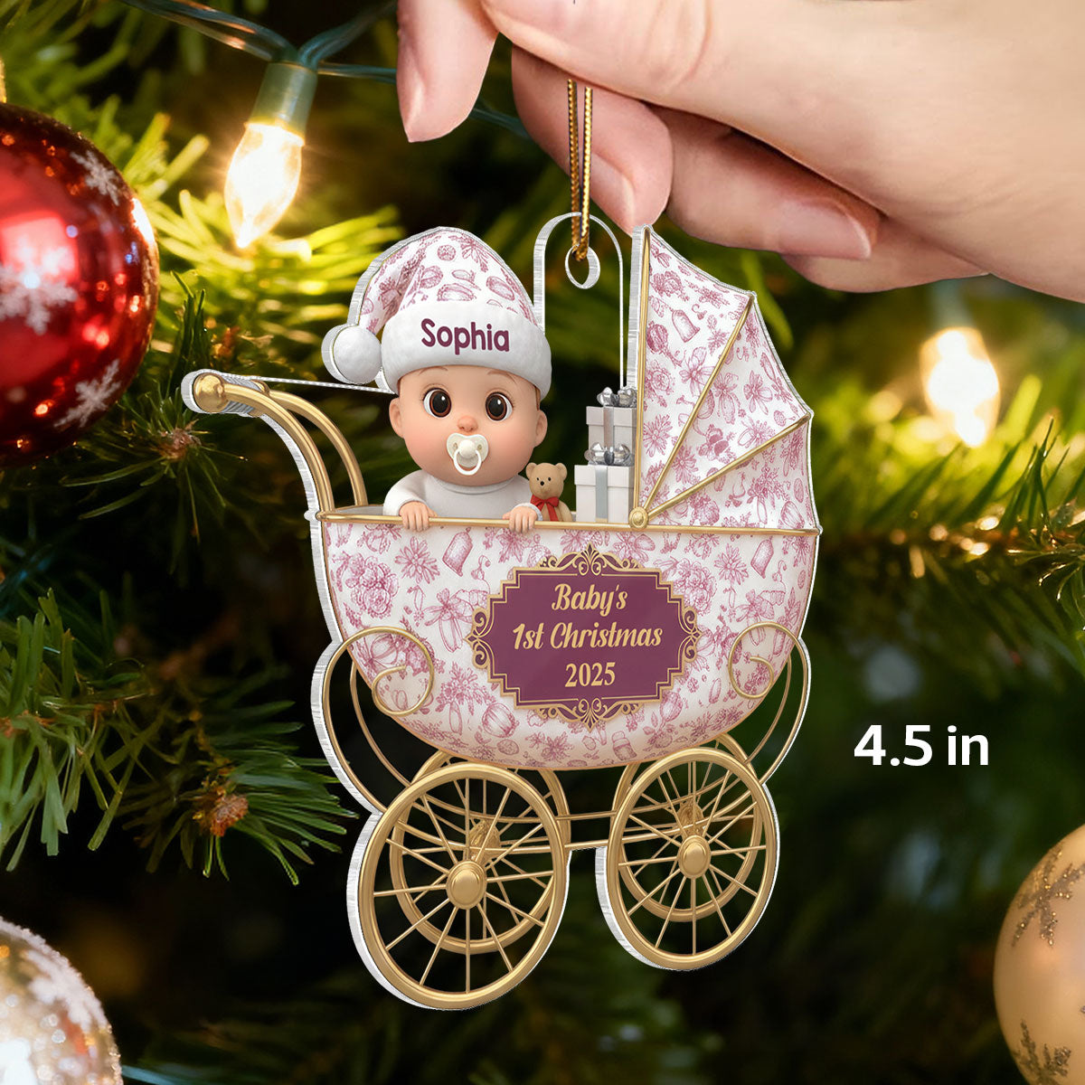 3D Effect Toile De Jouy Pattern Baby Inside Stroller - Personalized Acrylic Ornament - Baby First Christmas Keepsake