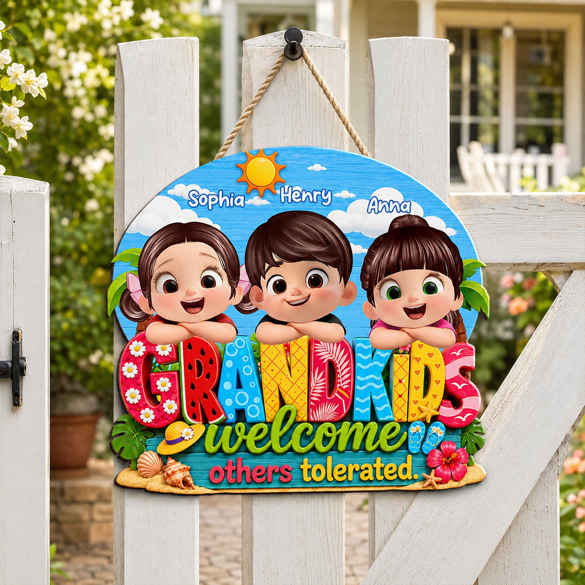 Grandkids Welcome Others Tolerated - Personalized Door Sign - Farmhouse Rustic Summer Decorations for Home