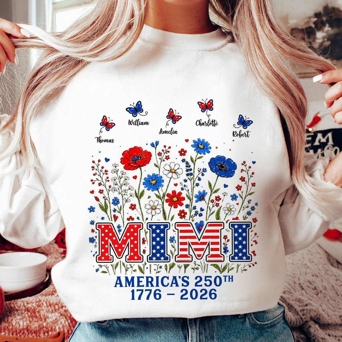 Proud Mom Grandma Nation Flag Flowers American 250th Anniversary - Personalized Shirt - Gift For Mom, Grandma