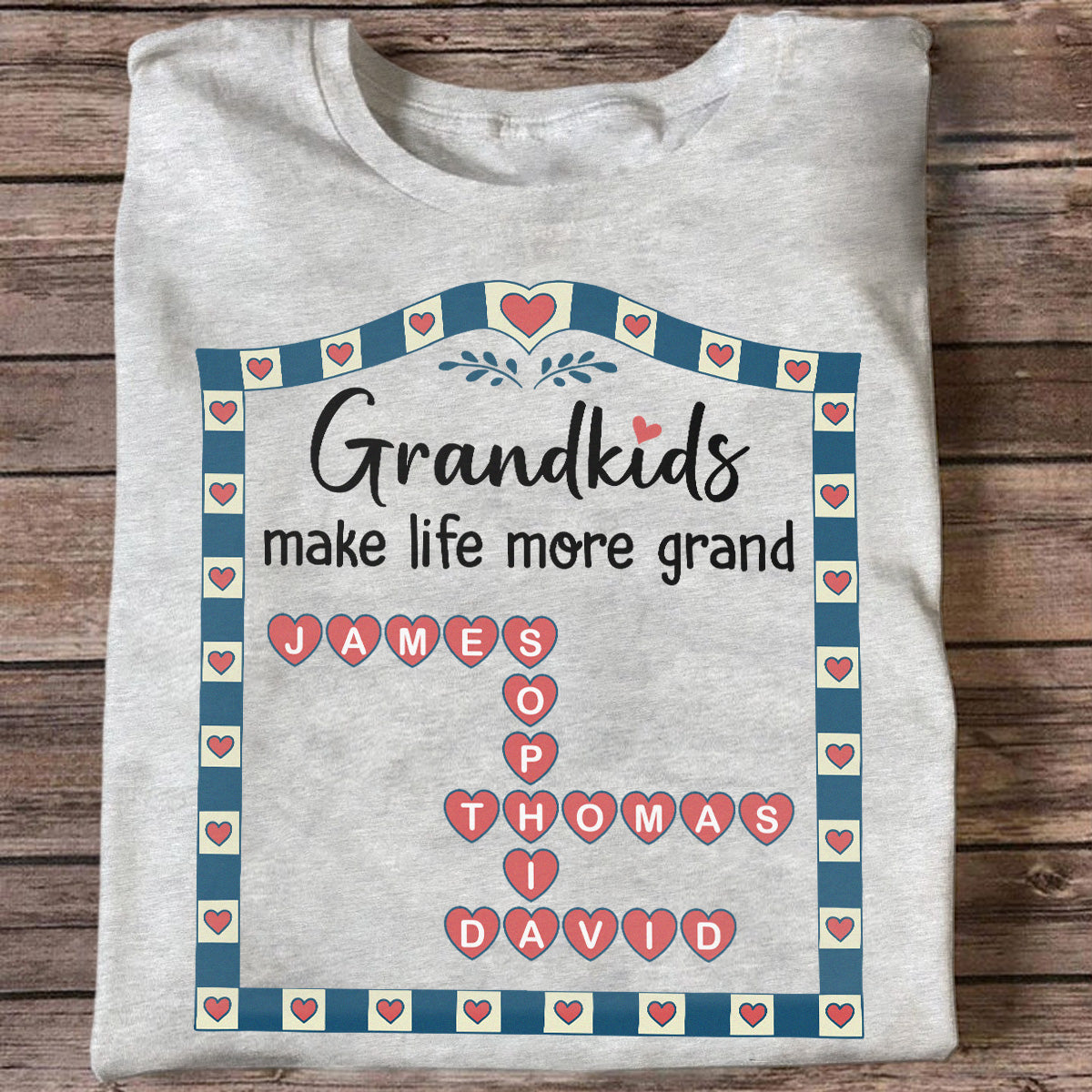 Old School Vintage Grandkids Names Crossword Puzzle Art - Personalized Shirt - Gift For Grandma