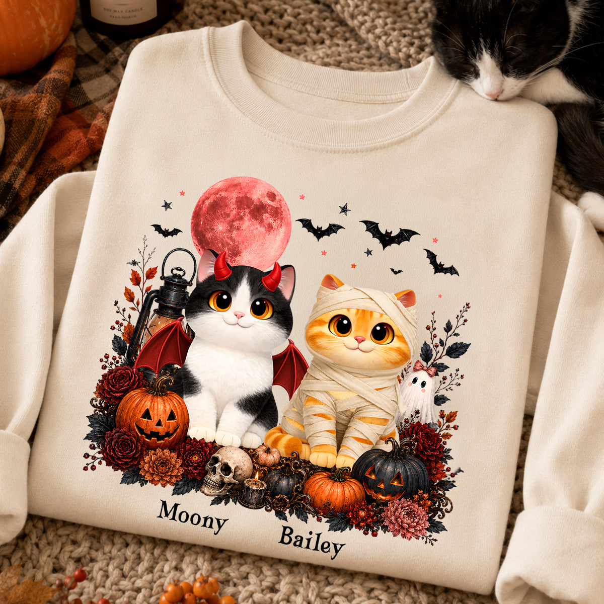 Halloween Floral Pumpkin Cats - Personalized Shirt - Trendy Fall Halloween Tee for Cat Lovers