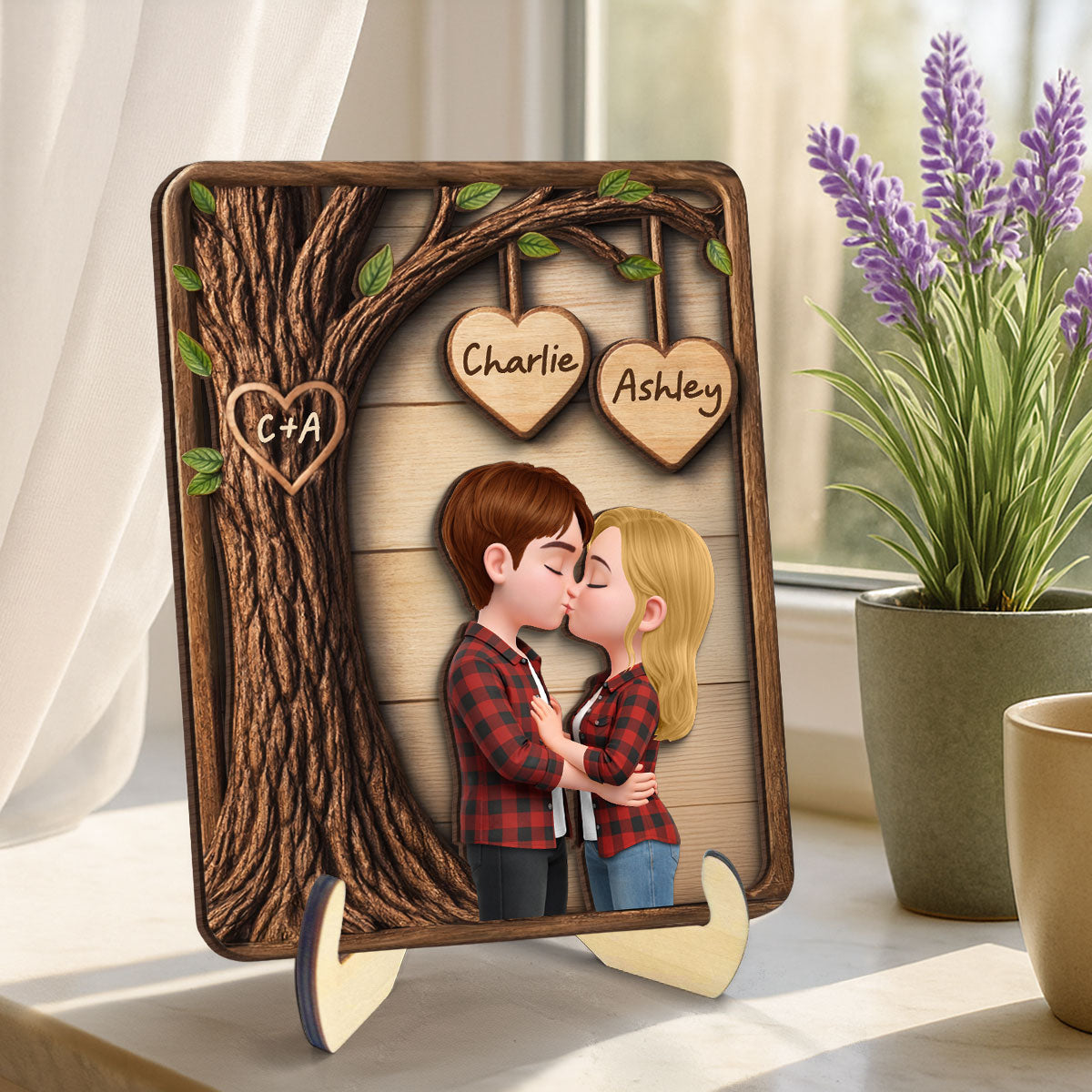 Couple Kissing Under Tree - Personalized 2-Layered Wooden Plaque - Sentimental Valentine's Day Gift for Her, for Him