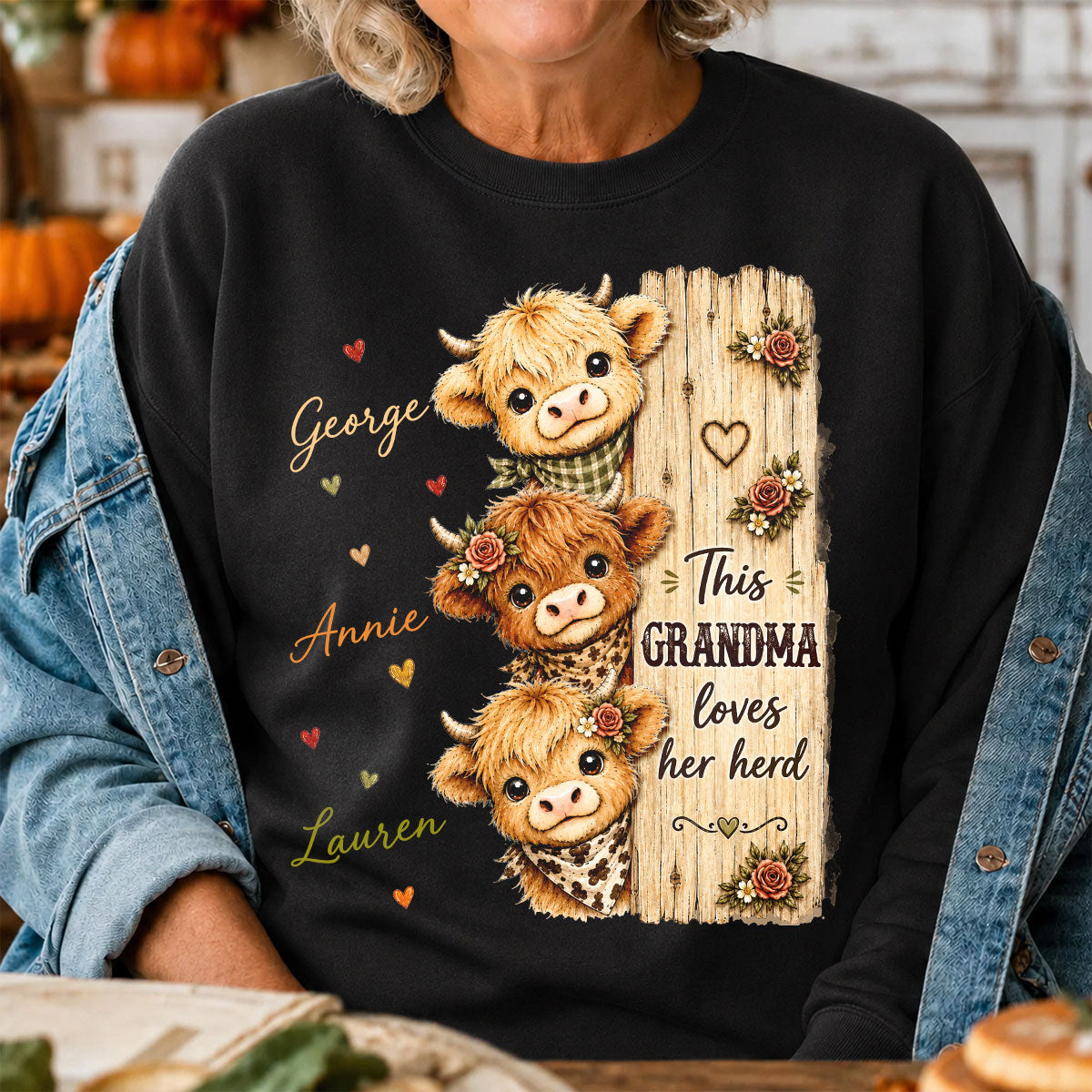This Grandma Loves Her Herd Highland Cow - Personalized Shirt - Trendy Cozy Fall Shirt for Grandma