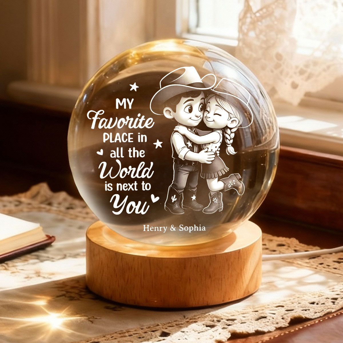 Countryside Couple Cowboy Cowgirl - Personalized Crystal Ball LED Night Light - Anniversary, Valentine's Day Gift, Gift For Him, Gift For Her