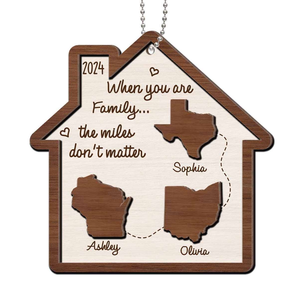 Long Distance Family State Maps Personalized 2-Layer Wooden Ornament, Togetherness Ornament