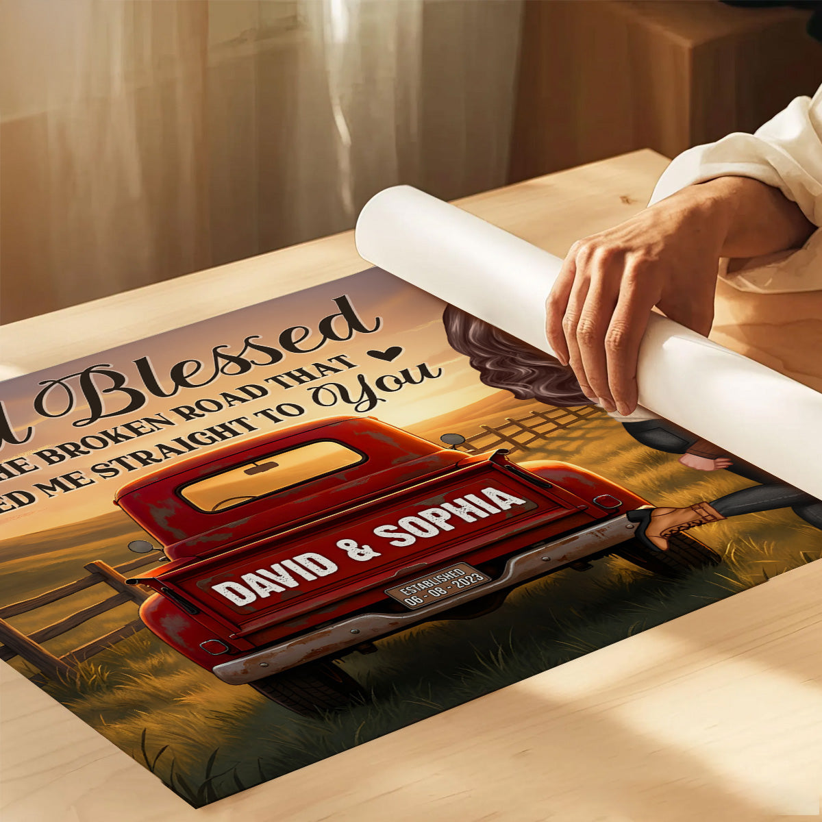 Rustic Nostalgia Red Truck Couple Hugging Kissing Farmhouse Decor - Personalized Poster - Heartfelt Valentine, Anniversary Gift For Him, For Her