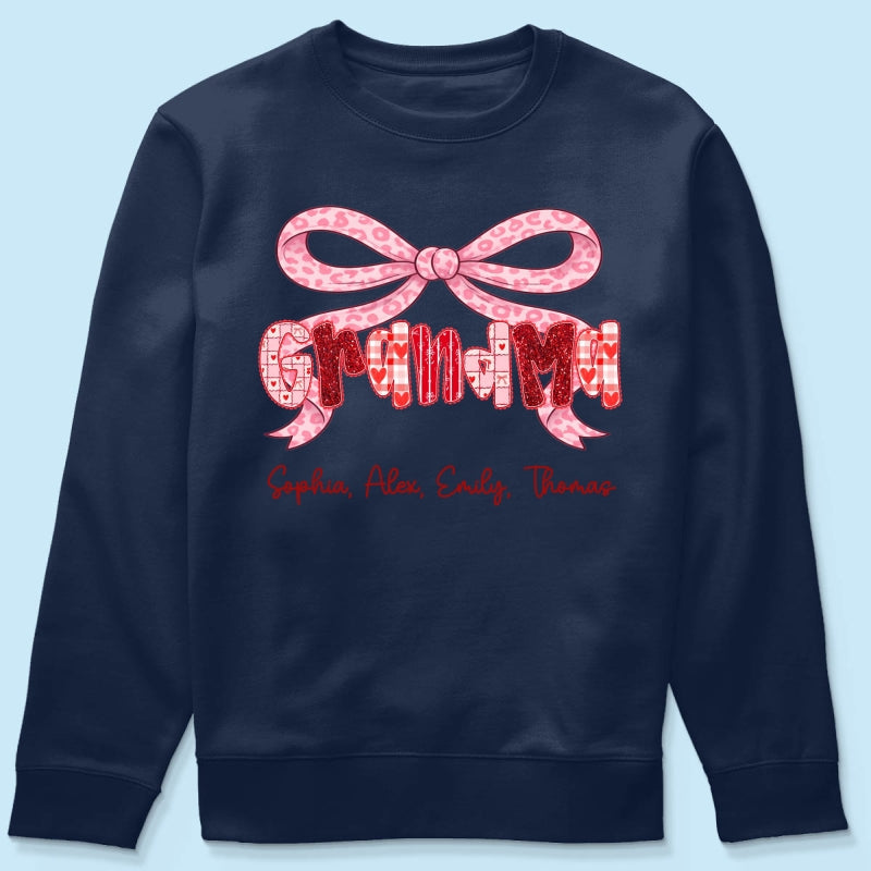 Preppy Valentine Pattern Grandma Mom Nana With Kids Name - Personalized Shirt - Valentine's Day Gift For Grandma