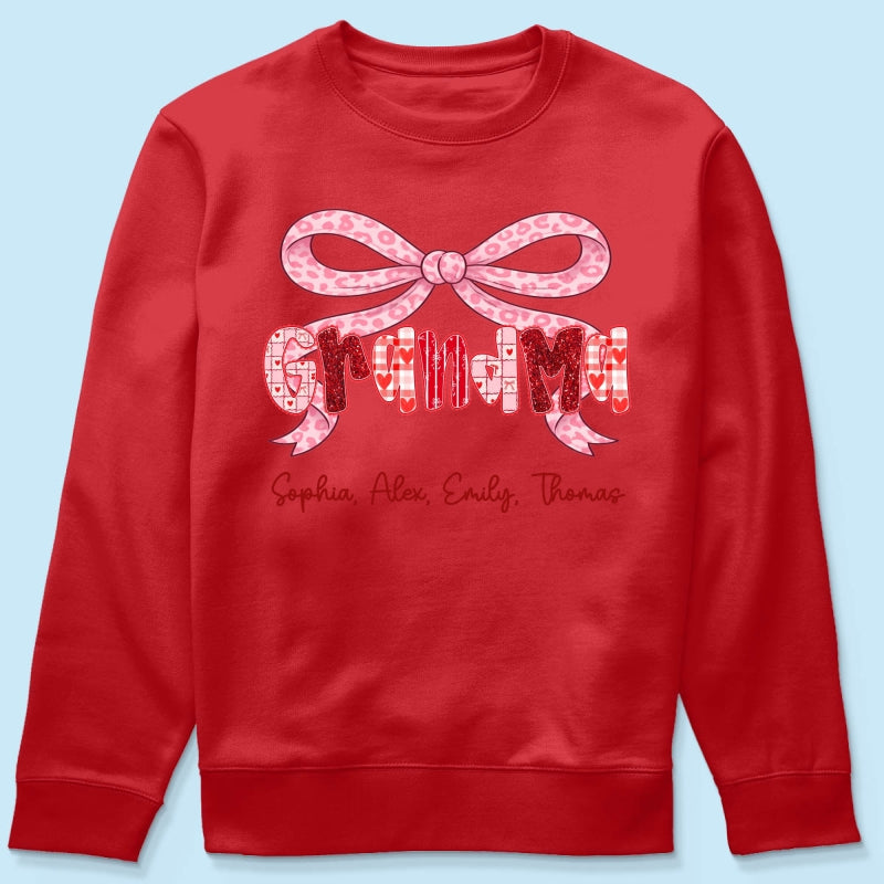 Preppy Valentine Pattern Grandma Mom Nana With Kids Name - Personalized Shirt - Valentine's Day Gift For Grandma