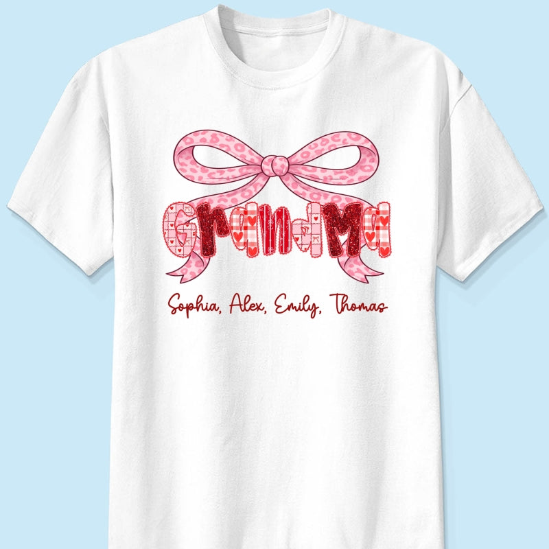 Preppy Valentine Pattern Grandma Mom Nana With Kids Name - Personalized Shirt - Valentine's Day Gift For Grandma