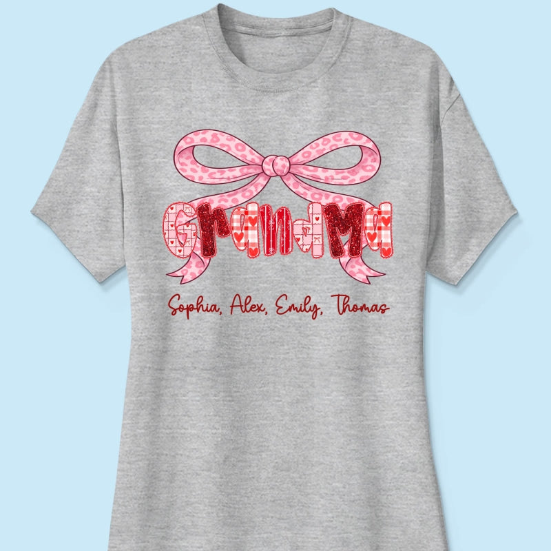 Preppy Valentine Pattern Grandma Mom Nana With Kids Name - Personalized Shirt - Valentine's Day Gift For Grandma