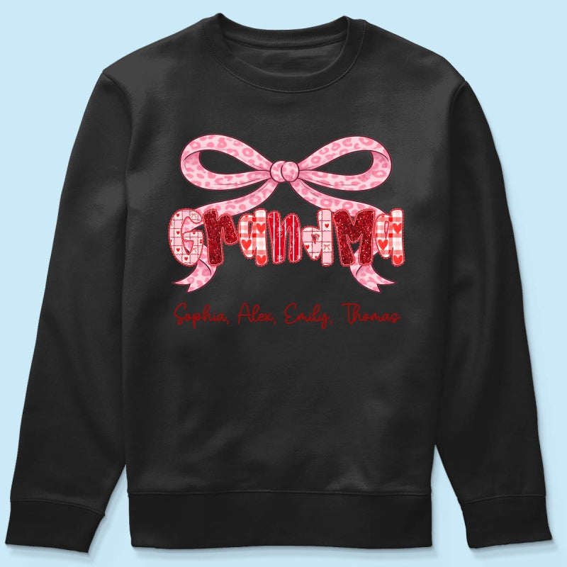 Preppy Valentine Pattern Grandma Mom Nana With Kids Name - Personalized Shirt - Valentine's Day Gift For Grandma