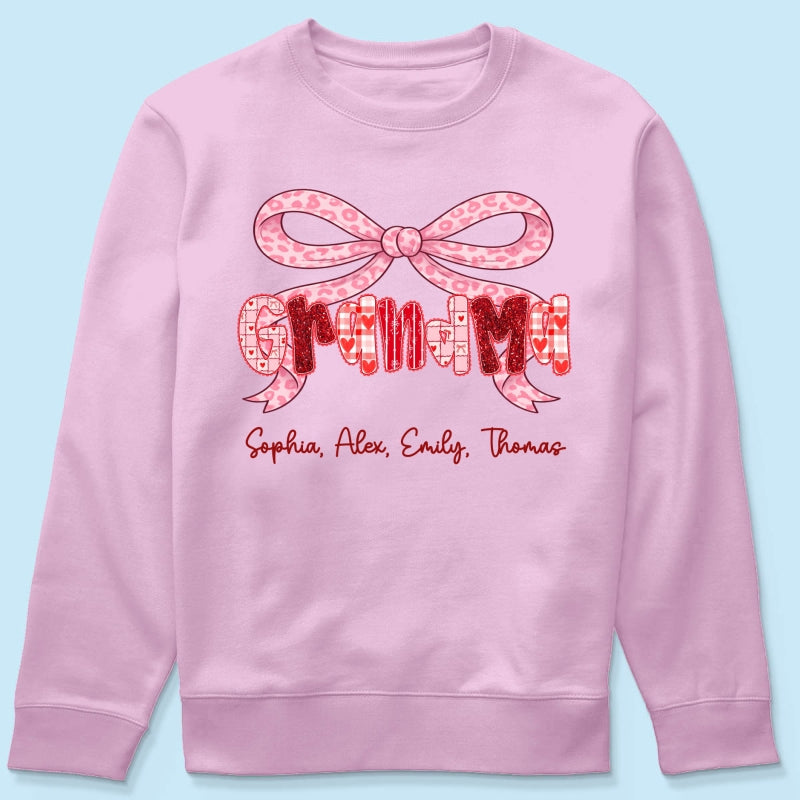 Preppy Valentine Pattern Grandma Mom Nana With Kids Name - Personalized Shirt - Valentine's Day Gift For Grandma