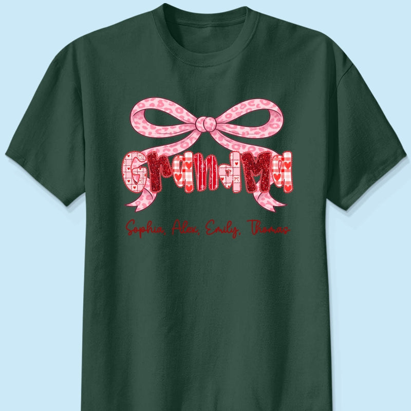 Preppy Valentine Pattern Grandma Mom Nana With Kids Name - Personalized Shirt - Valentine's Day Gift For Grandma