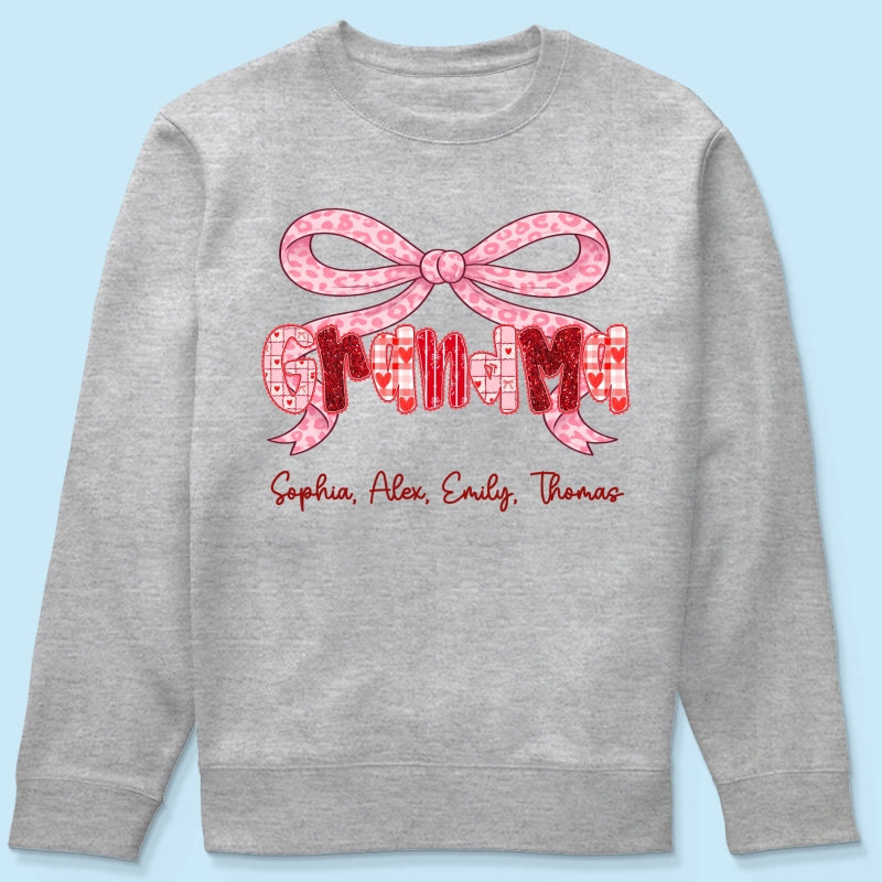 Preppy Valentine Pattern Grandma Mom Nana With Kids Name - Personalized Shirt - Valentine's Day Gift For Grandma