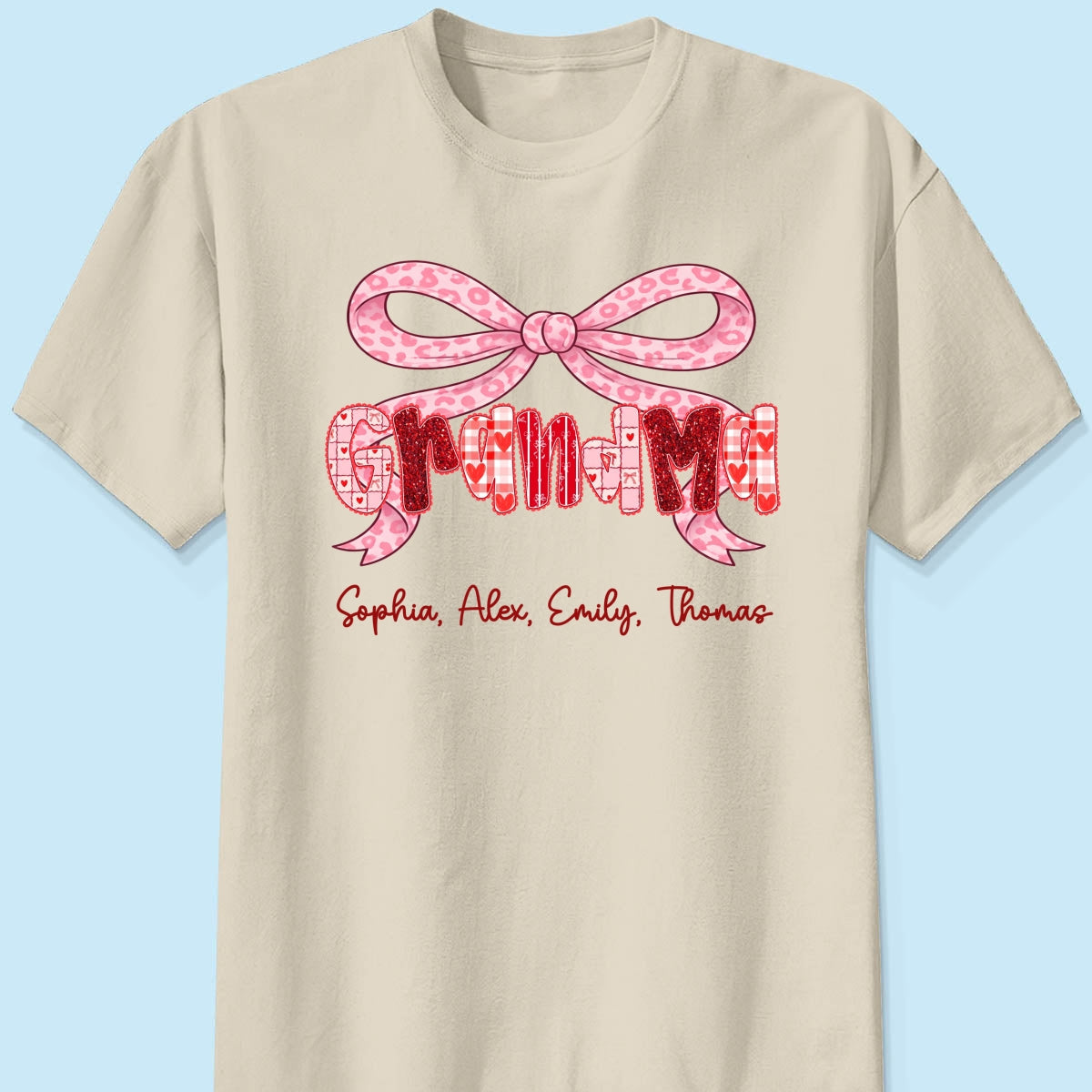 Preppy Valentine Pattern Grandma Mom Nana With Kids Name - Personalized Shirt - Valentine's Day Gift For Grandma