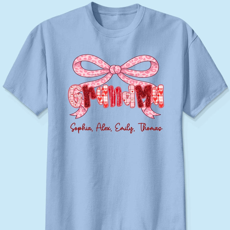 Preppy Valentine Pattern Grandma Mom Nana With Kids Name - Personalized Shirt - Valentine's Day Gift For Grandma
