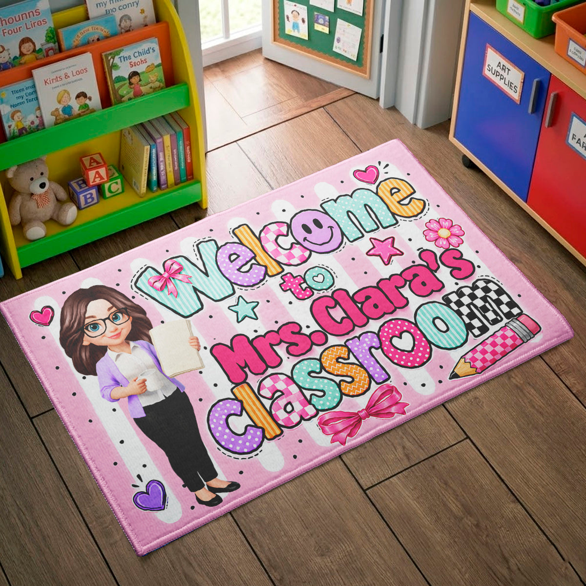 Neon Stripe Teacher Classroom - Personalized Doormat - Back to School Decor for Teacher