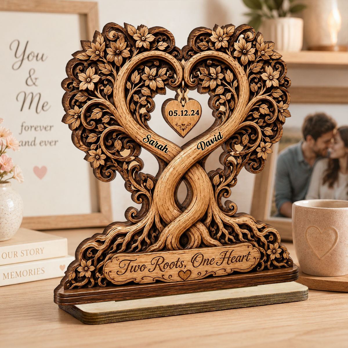 Two Roots One Heart Couple - Personalized 2-Layered Wooden Plaque - Heartfelt Anniversary Gift for Her, for Him
