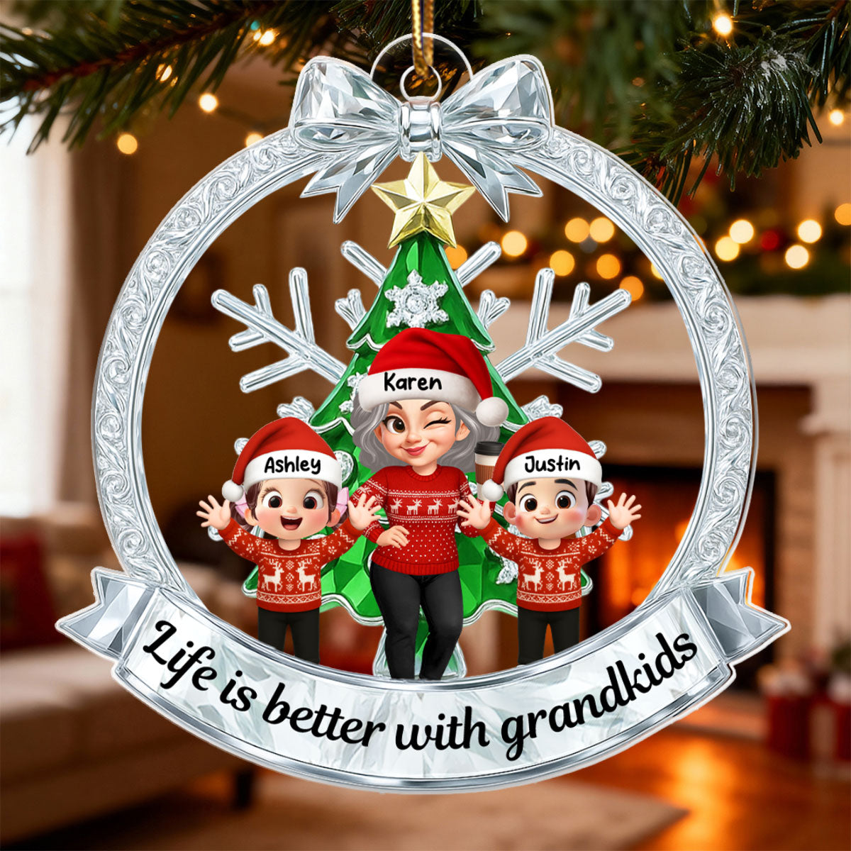 Grandma Grandkids Sitting on Christmas Wreath Metallic Effect - Personalized Acrylic Ornament - Christmas Gift for Grandma