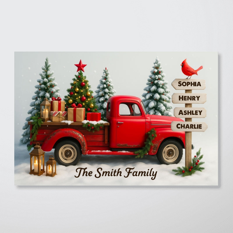 Red Christmas Truck Custom Family Name Sign Post - Personalized Poster - Christmas Gift for Family
