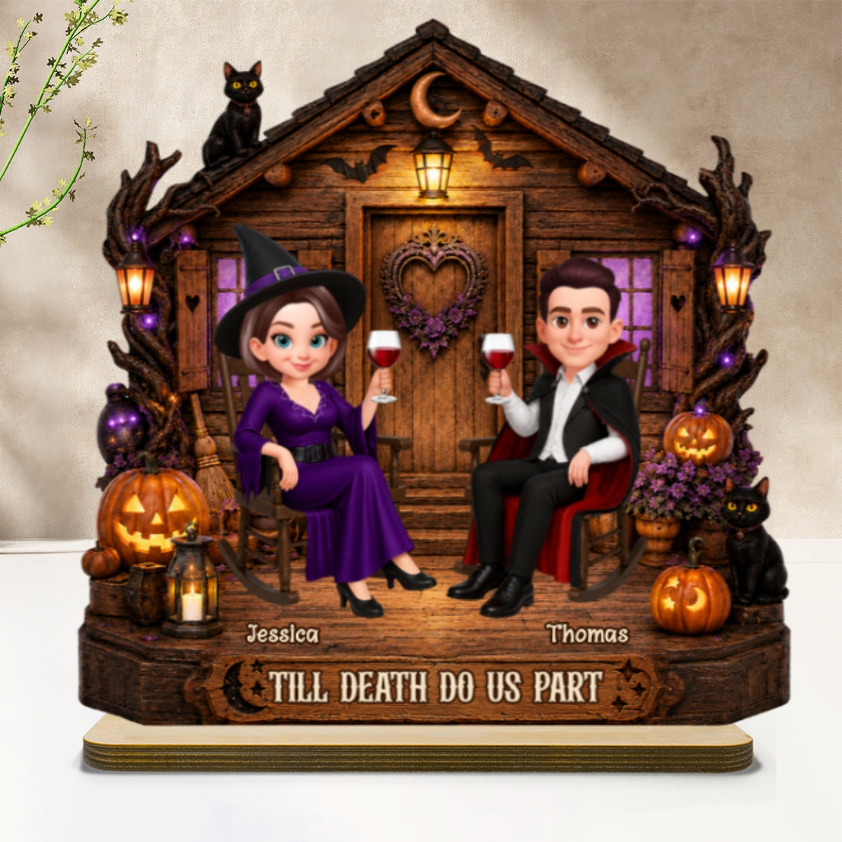 Spooky Halloween Haunted Cabin House Couple - Personalized 2-Layered Wooden Plaque - Halloween Decoration For Couple