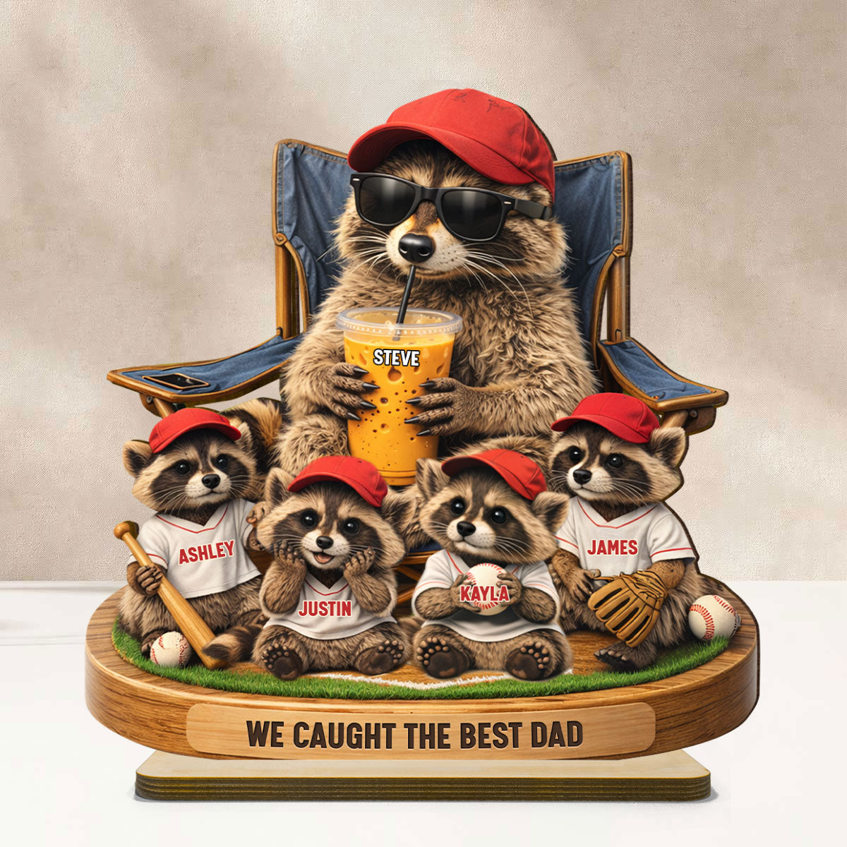 Raccoon We Caught the Best Dad - Personalized 2-Layered Wooden Plaque - Mother's Day Gift for Dad, Husband