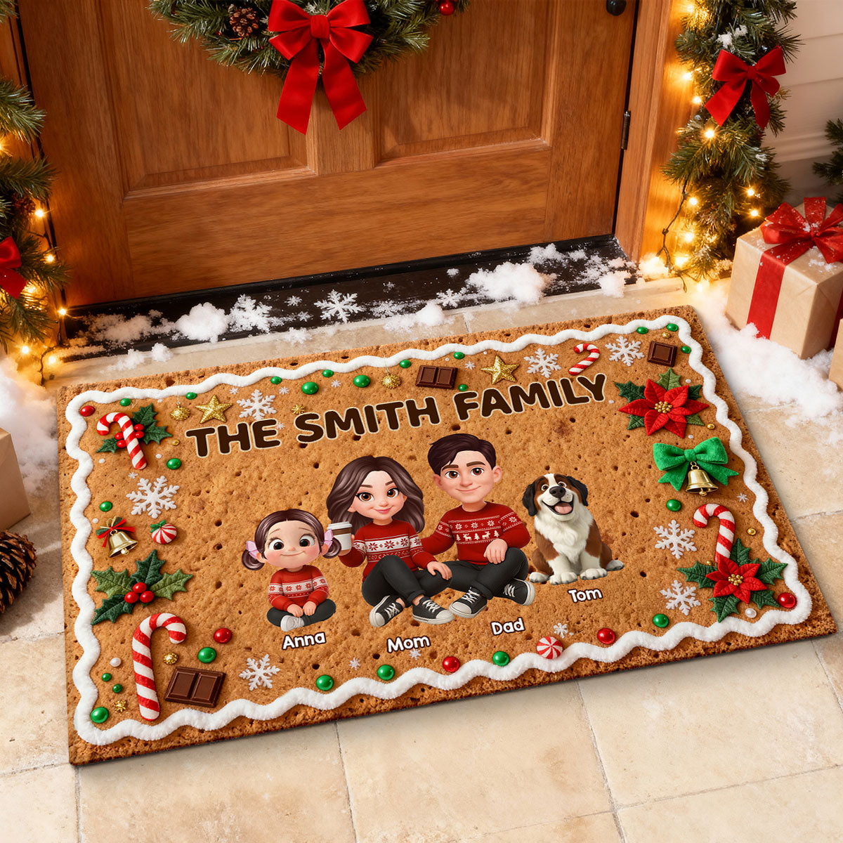 3D Effect Gingerbread Family Together Christmas - Personalized Doormat