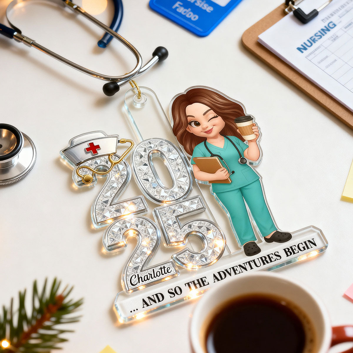 3D Shiny Effect New Nurse With Year - Personalized Acrylic Ornament - RN Gift, BSN Gift, Nursing Graduation Gift