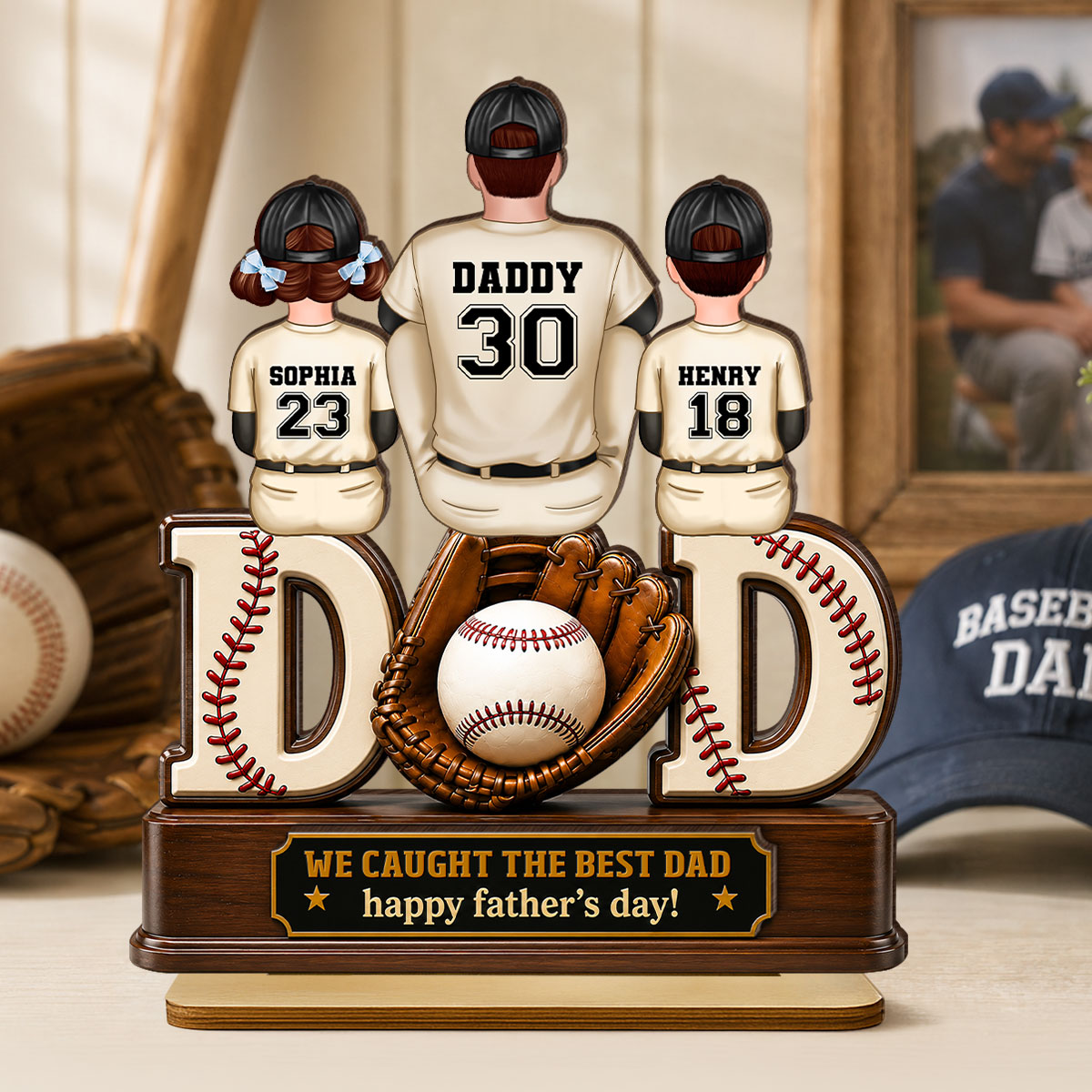 Dad And Children Baseball Gloves - Personalized 2-Layered Wooden Plaque -  Gift for Dad, Husband