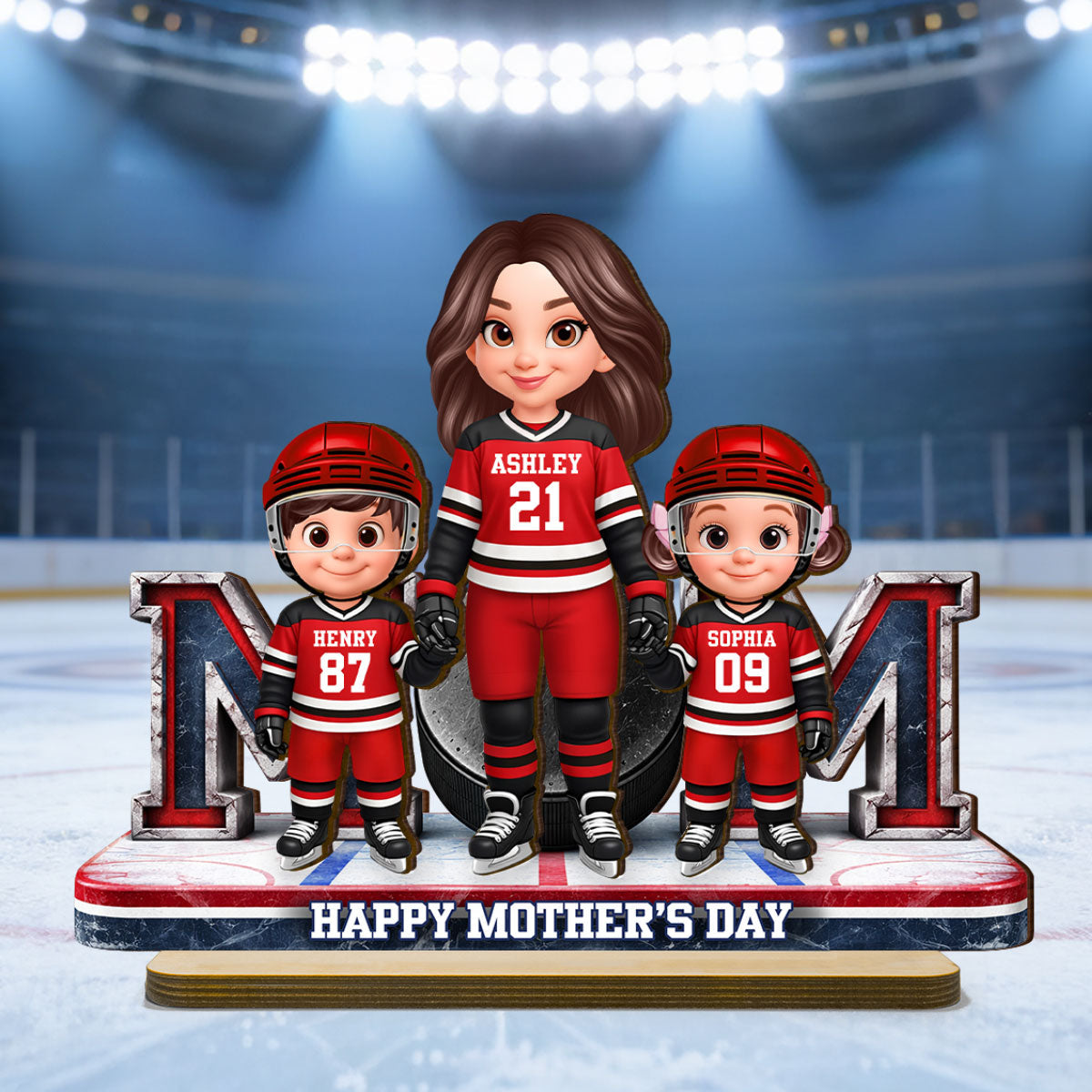 Mom And Her Kids Together Hockey - Personalized 2-Layered Wooden Plaque - Mother's Day Gift For Hockey Mom, Gift For Wife