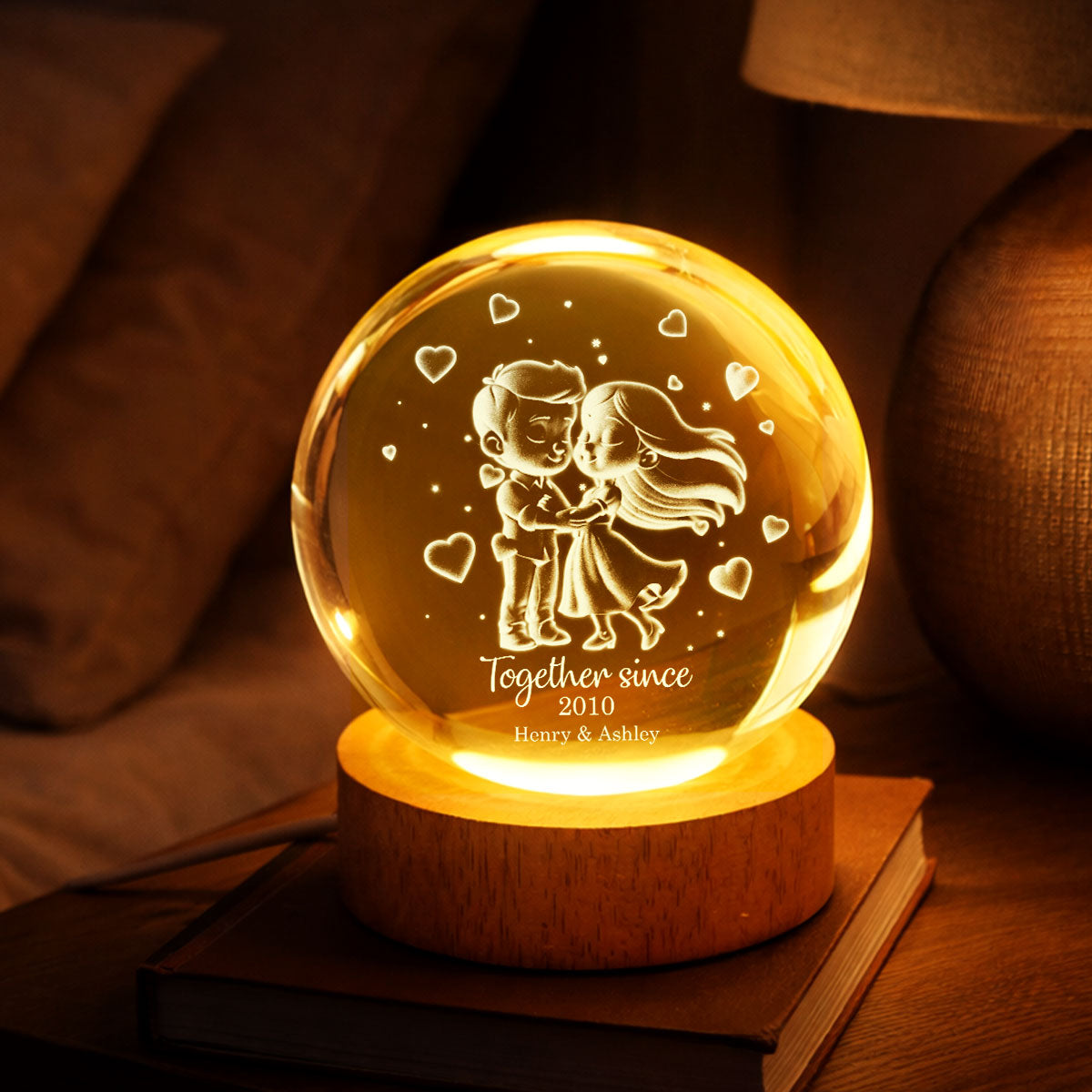 Loving Chibi Couple - Personalized Crystal Ball LED Night Light - Sentimental Valentine's Day Gift for Her, for Him
