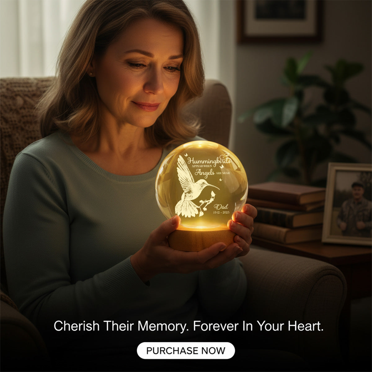 Always With You Hummingbird - Personalized Crystal Ball LED Night Light - Memorial Remembrance Keepsake