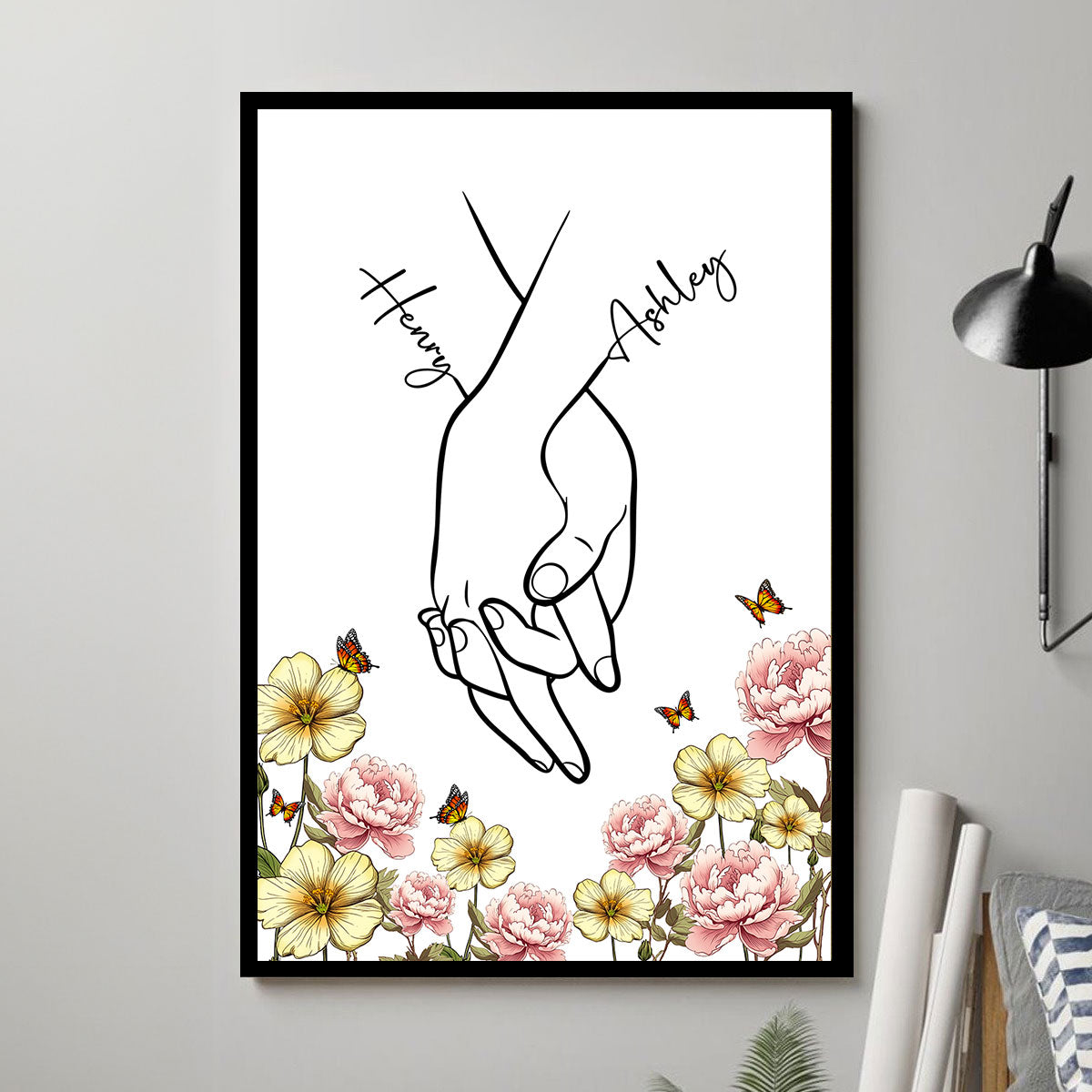 I Love You Couple Hand Print Birth Flower - Personalized Poster - Sentimental Gift for him, for her